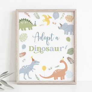 Poster Adote Um Boho Azul Dinossauro Aniversário