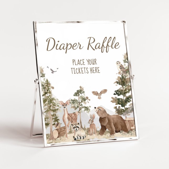 Poster Adventure Aguarda Animais Da Floresta Fralda Raffl (Woodland Animals Adventure Awaits Baby Shower Diaper Raffle Sign)