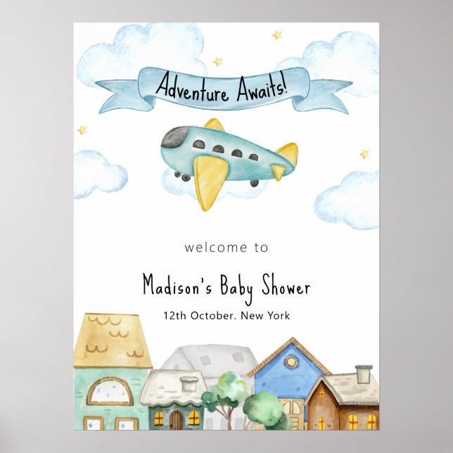 Poster Adventure Awaits Aviator City Baby Shower Welcome  (Frente)