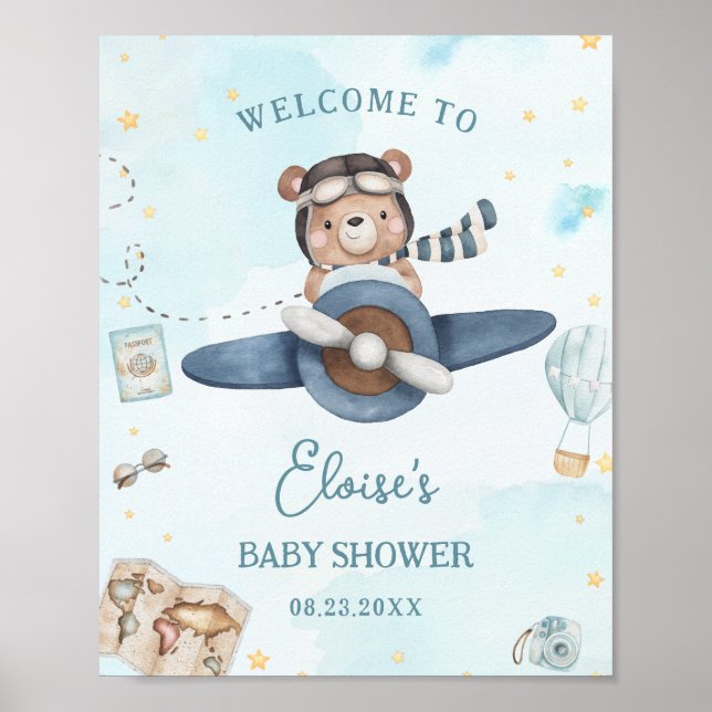 Poster Adventure Cute Bear Blue Plane Boy Baby Shower (Frente)