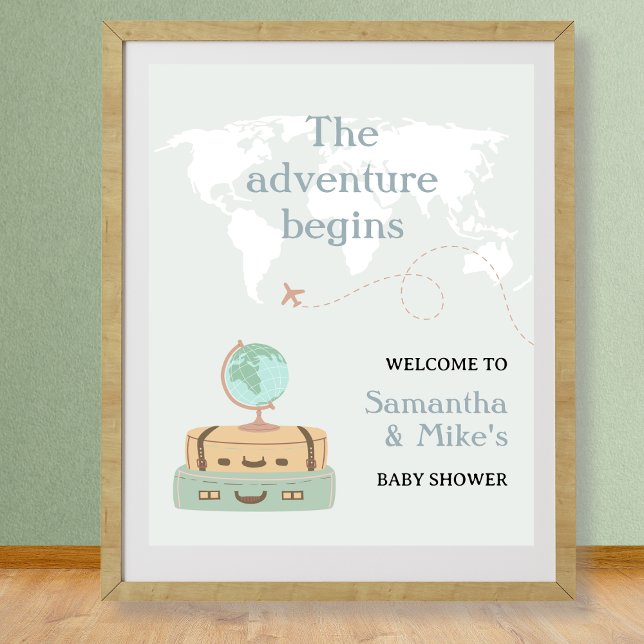 Poster Adventure inicia o Chá de fraldas do Mapa Mundial  (Adventure Begins World Map Baby Shower Welcome Poster)