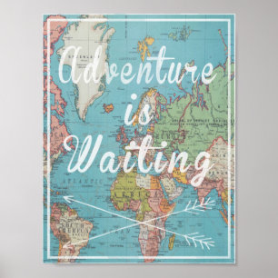 Pôster Adventure is Waiting on vintage world map