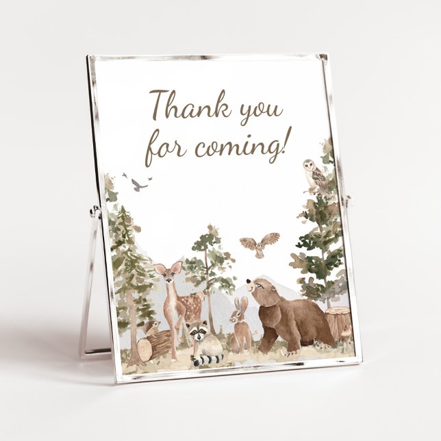 Poster Adventure Woodland Animal Obrigado por vir (Woodland Animals Adventure Awaits Baby Shower Thank you for Coming Sign)
