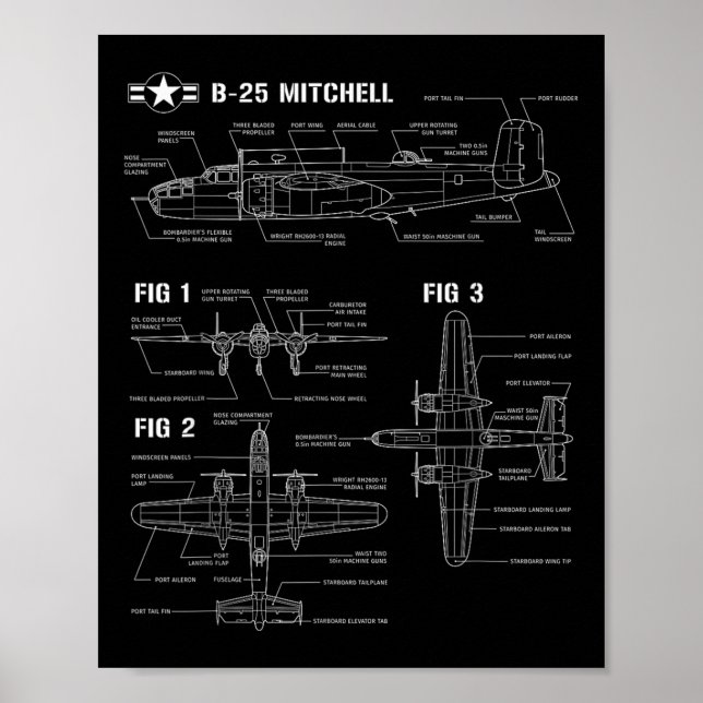 Poster Aeronave americana B-25 Mitchell Bomber da 2ª Guer (Frente)