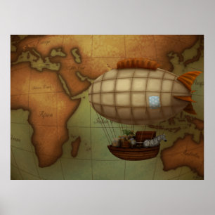 Poster Aeronave em Expedição Sobre o Mapa do Hemisféri