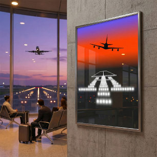 Poster Aeronave Sunset Airplane - Luzes de pista