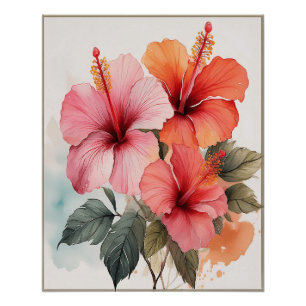 Pôster Aestética Watercolor Floral Hibiscus Wall Poster
