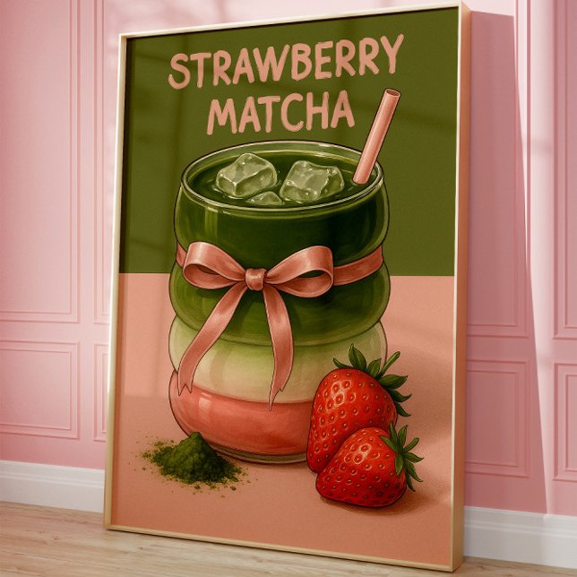 Poster Aesthetic Strawberry Matcha Art Print, Food art  (Matcha Lover Poster)