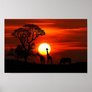 Pôster Afafricano Safari Sunset Animal Silhouettes