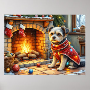 Poster Affenpinscher Sentado Lareira Luzes de Natal