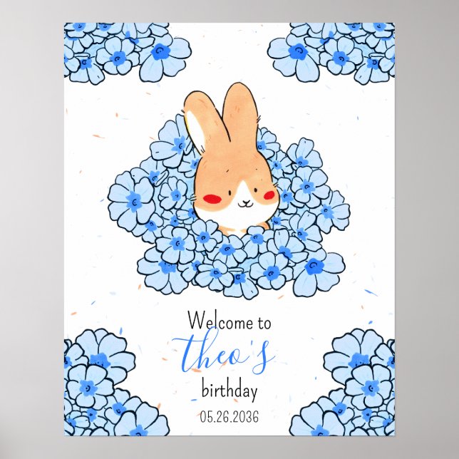 Poster Affiche anniversaire personnalisé lapin fleurs (Frente)