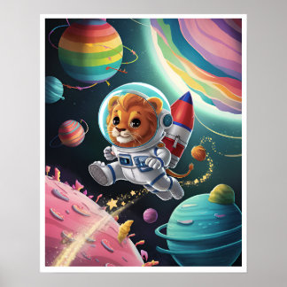 Poster Affiche Boho Illustration Lion dans l'Espace