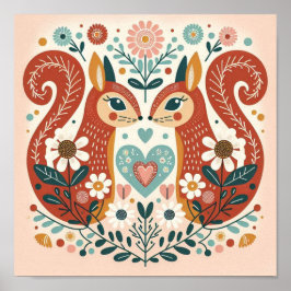 Poster Affiche illustration folk art motif « écureuils »