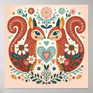 Poster Affiche illustration folk art motif « écureuils »