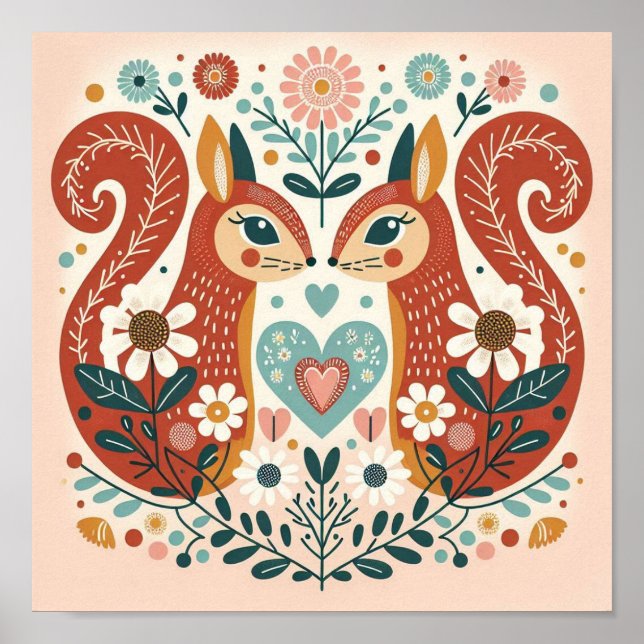 Poster Affiche illustration folk art motif « écureuils » (Frente)