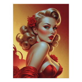 Pôster Affiche Pin-Up Blonde en Robe Rouge 