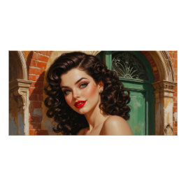 Pôster Affiche Pin-Up Brune devant une porte vintage
