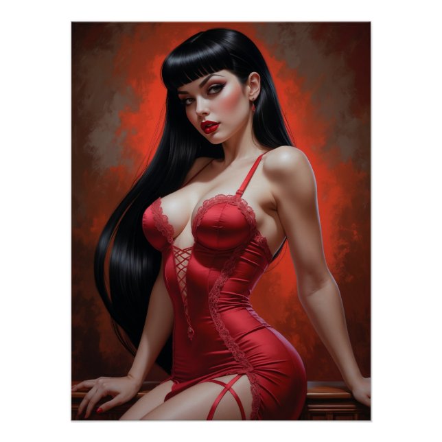 Pôster Affiche Pin-up Brune Sensuelle en Robe Rouge (Frente)