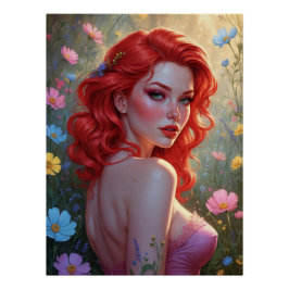 Pôster Affiche Pin-Up Rousse dans un Champ de Fleurs 