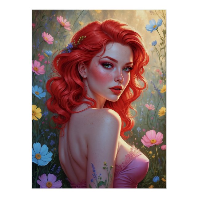 Pôster Affiche Pin-Up Rousse dans un Champ de Fleurs  (Frente)