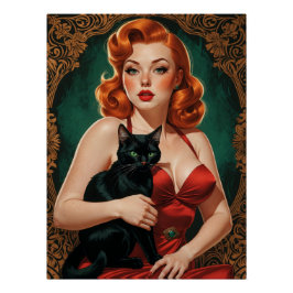 Pôster Affiche Pin-up Rousse et Chat Noir