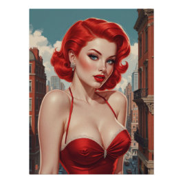 Pôster Affiche Pin-Up Rousse Sexy Fond Urbain