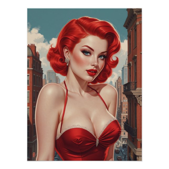 Pôster Affiche Pin-Up Rousse Sexy Fond Urbain (Frente)