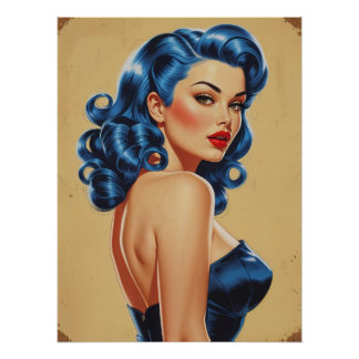 Pôster Affiche Pinup aux Cheveux Bleus en Maillot