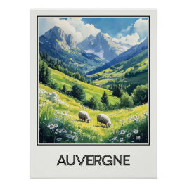 Pôster Affiche vintage Auvergne, vallée verdoyante et som