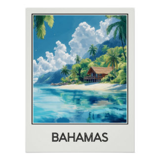 Pôster Affiche vintage Bahamas, cabane sur plage tropical