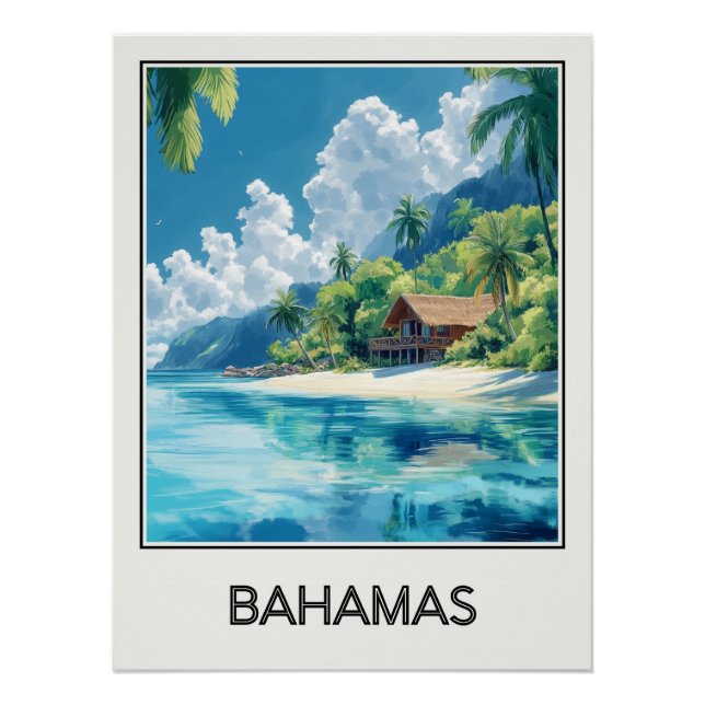Pôster Affiche vintage Bahamas, cabane sur plage tropical (Frente)