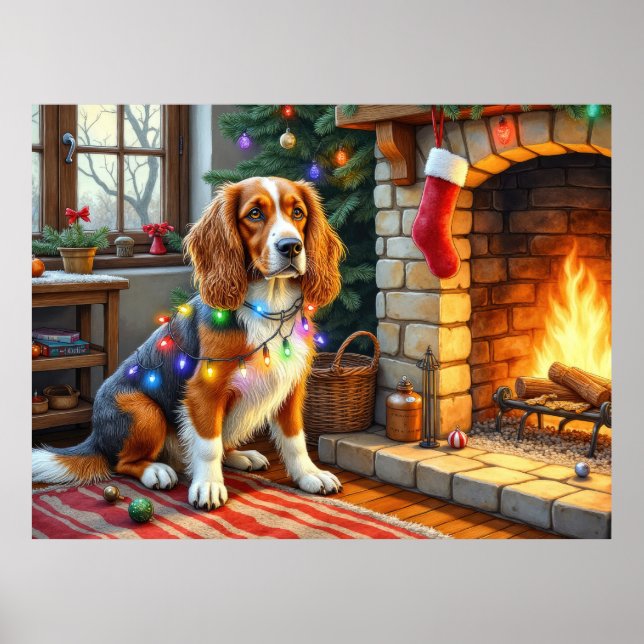 Poster Afghan Hound Fireplace with Christmas Lights (Frente)
