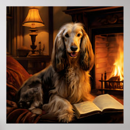 Poster Afghan Hound Lading a Book Vintage (Caça afegã ao 