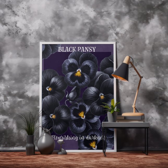 Poster Afirmação das Flores Negras Escuras (black pansy poster leaning against a wall.)