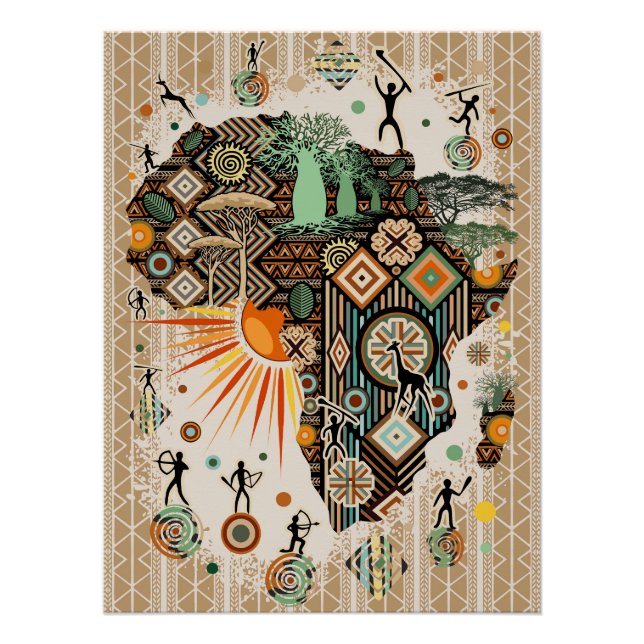 Pôster Africa Map Decorative Tribal Elements Pattern (Frente)
