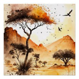 Pôster África Safari Sunset Watercolor com Acacia Tree