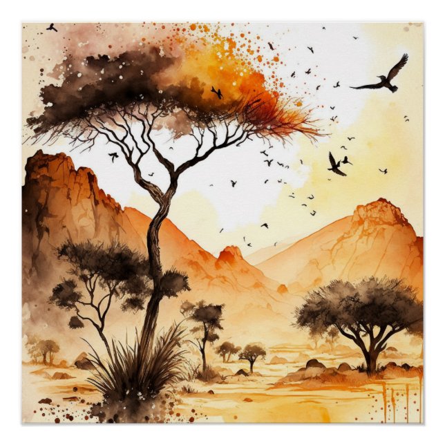 Pôster África Safari Sunset Watercolor com Acacia Tree (Frente)