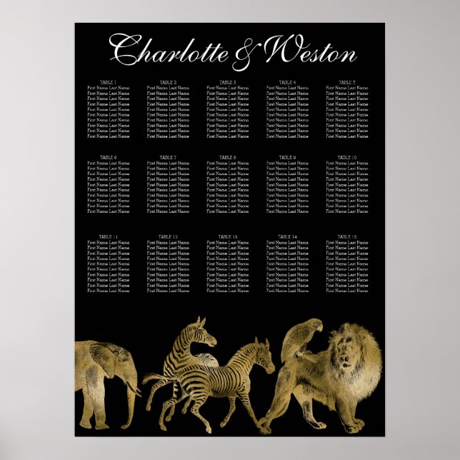 Poster African Animals Zoo Wedding Seating Chart Gold (Frente)