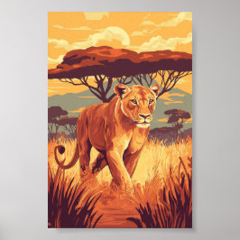 Poster African Savannah Lion - Wildlife Sunset Art