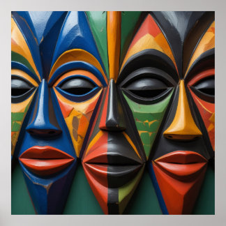 Poster African Tribal Mask Trio Dynamic Symmetry