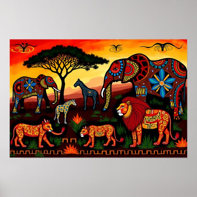 Poster African Wildlife Harmony - Padrão Tribal (Frente)