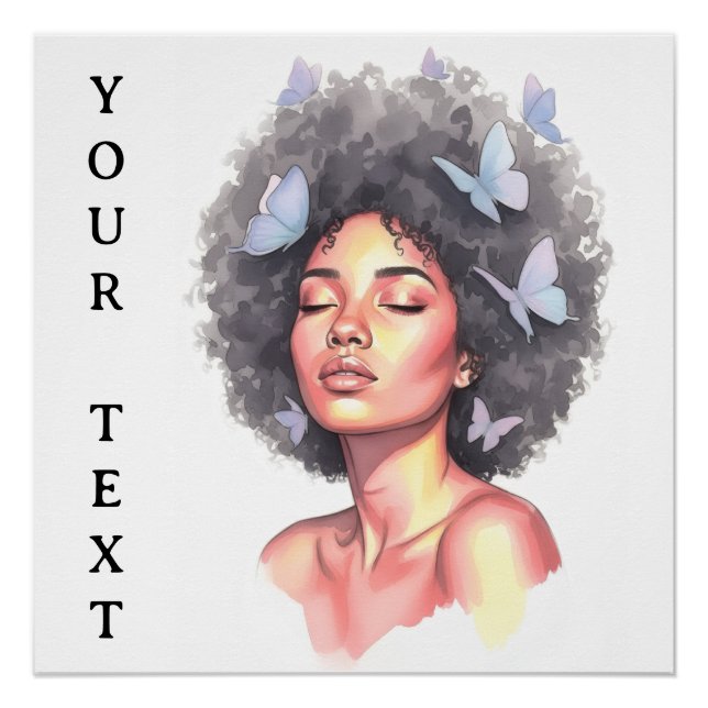 Pôster Afro Beauty with Butterflies – Watercolor Portrait (Frente)