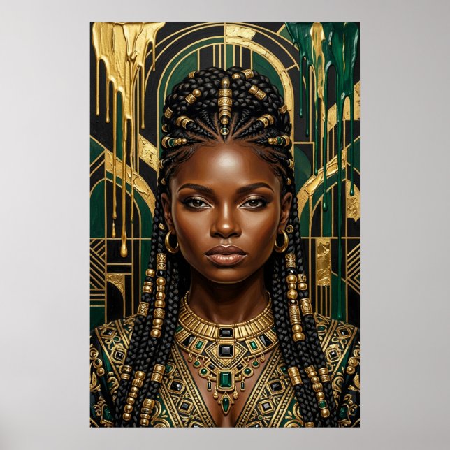 Poster Afrofuturismo Art Déco Esmeralda Dourado Rainha Ne (Frente)