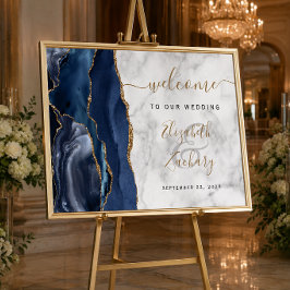 Poster Ágata Azul Marinho Dourado Mármore Casamento Bem-v