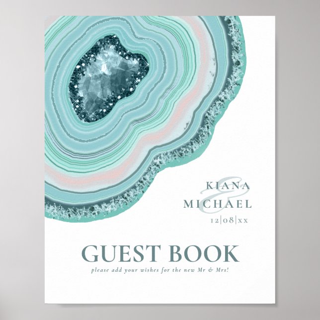 Poster Agate Geode Glitter Wedding Guest Book Teal ID647 (Frente)