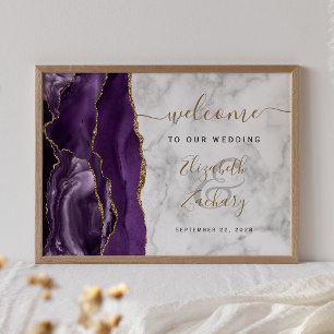 Poster Agate Purple Dourado Marble Wedding Bem-vindo