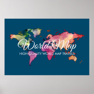 Poster Agência de Viagens Azul Mapa Mundial Colorido Aqua