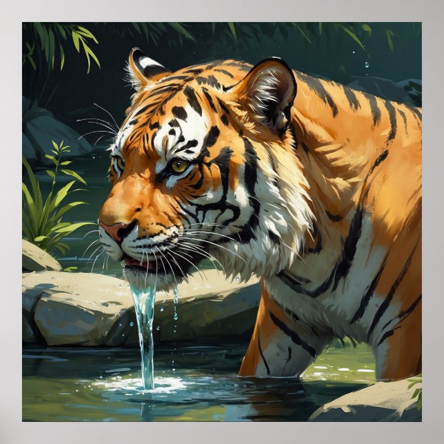 Poster Água Bebendo majestosa do Tigre da Pintura do Rio (Frente)