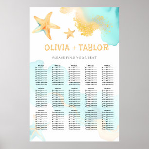 Poster Água e Dourado Estrela do Mar Praia Casamento Aqua