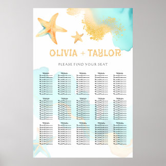 Poster Água e Dourado Estrela do Mar Praia Casamento Aqua